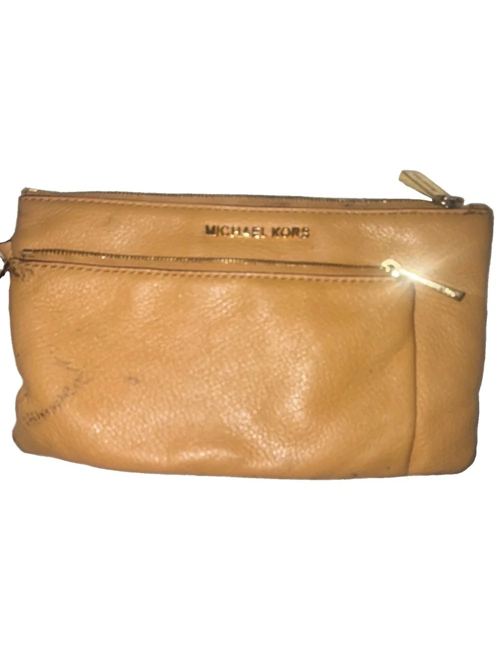 Michael Kors Camel Leather Wristlet Clutch with Front Zip